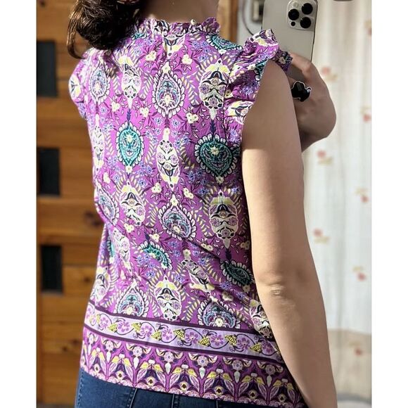 Talbots Purple Paisley V-neck Flutter Sleeve 100% cotton top size X #755 - Picture 2 of 9